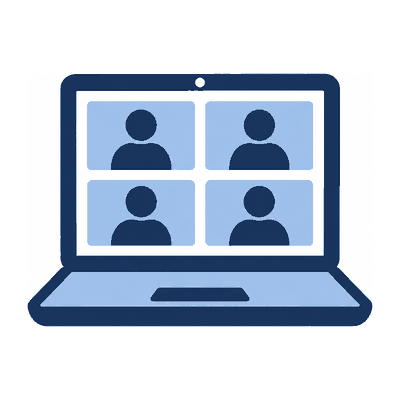 A laptop showing four people on a video call.