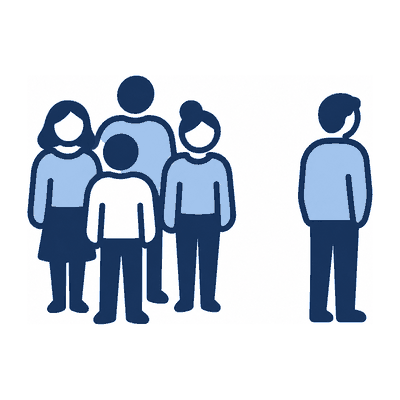 A group of four people, and one person standing apart from them.