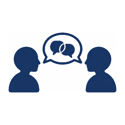 Two people facing each other, with two speech bubbles between them.