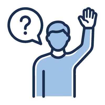 A person with one hand raised, and a speech bubble with a question mark.