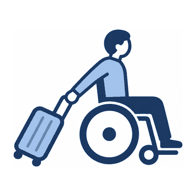 A person in a wheelchair pulling a suitcase.